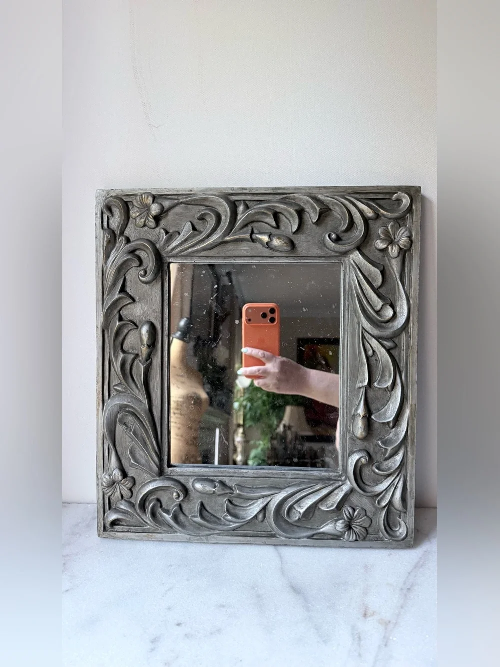 Decorative Floral Carved Square Wall Mirror - silver Gray